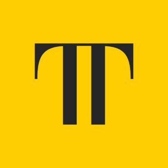 Black stylized letter T logo centered on a bright yellow background. The bold minimalist design uses thick vertical and curved lines to create a modern brand mark with strong contrast and high visibility.