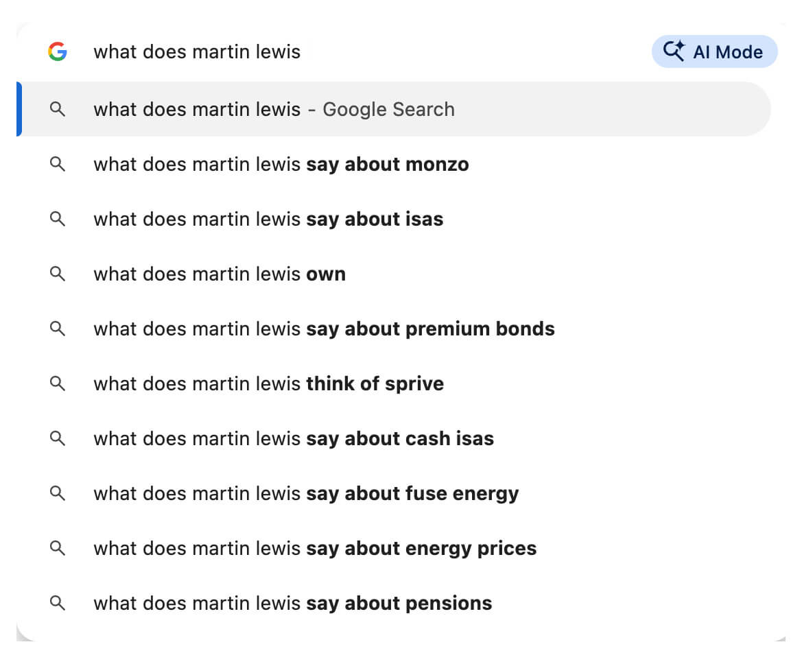 Screenshot of Martin Lewis autocomplete on Google search