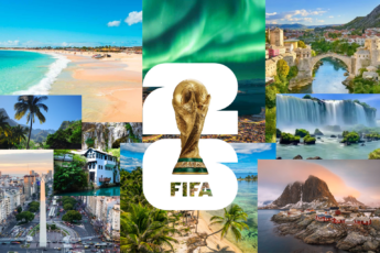ollage of a gold FIFA World Cup 2026 trophy against the northern lights, surrounded by travel photos of a tropical beach, Mostar's Stari Most bridge, a jungle waterfall, a Buenos Aires street with an obelisk, and a Norwegian fjord village.